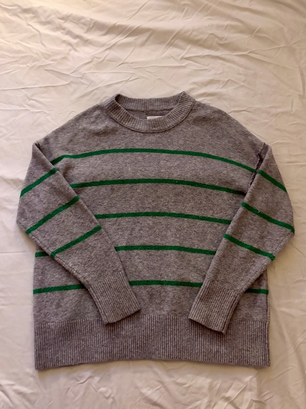 aerie Gray Crewneck Sweater with Green Stripes